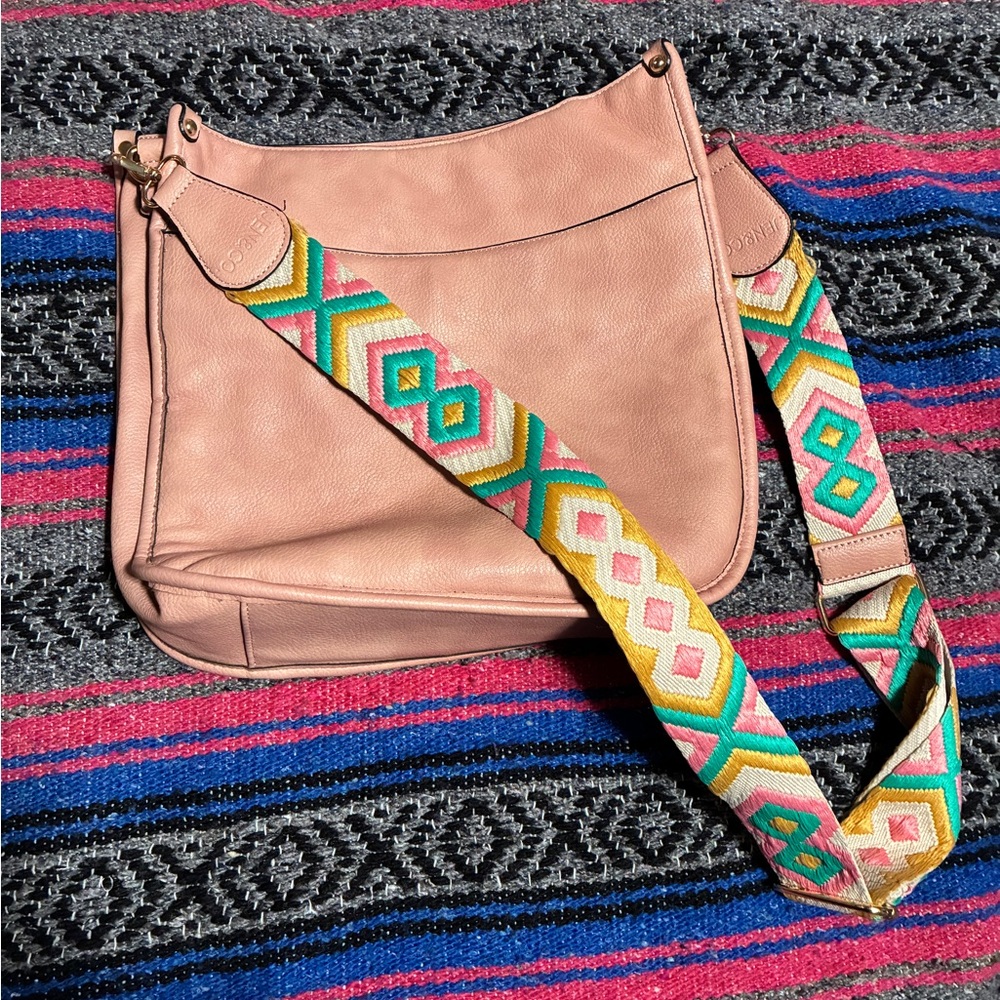 Chic Pink Shoulder Bag with Patterned Strap